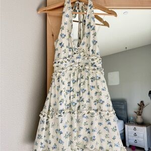 Cream and Blue Ruched Tiered Halter Sundress